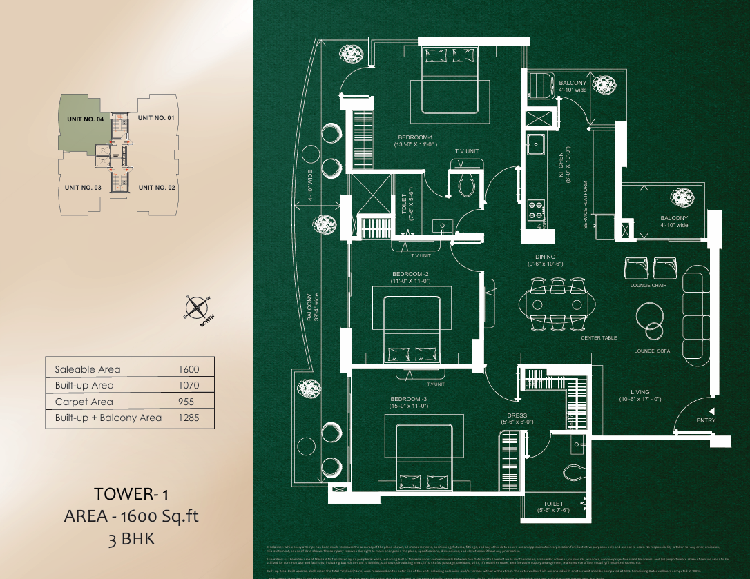 Tower 1 · 3 BHK · 1600 Sq.ft